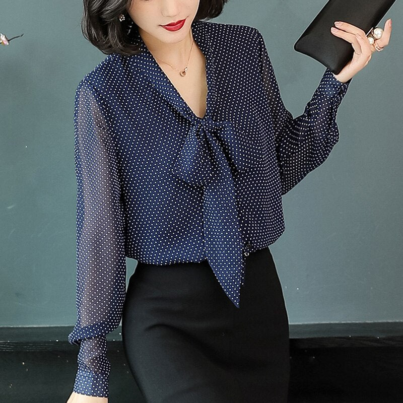 Women's V-Neck Polyester Full Sleeves Dotted Casual Wear Blouses