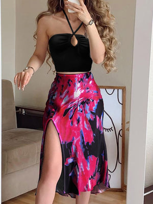 Women's Polyester Sleeveless Mid-Calf Printed Sexy Two Piece Set