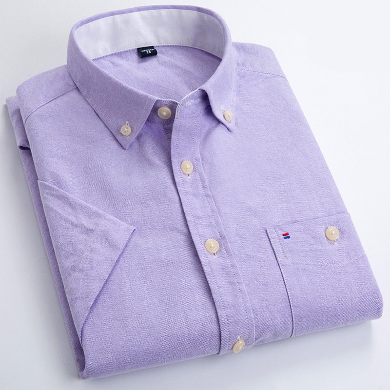 Men's Cotton Turndown Collar Short Sleeve Solid Formal Shirt