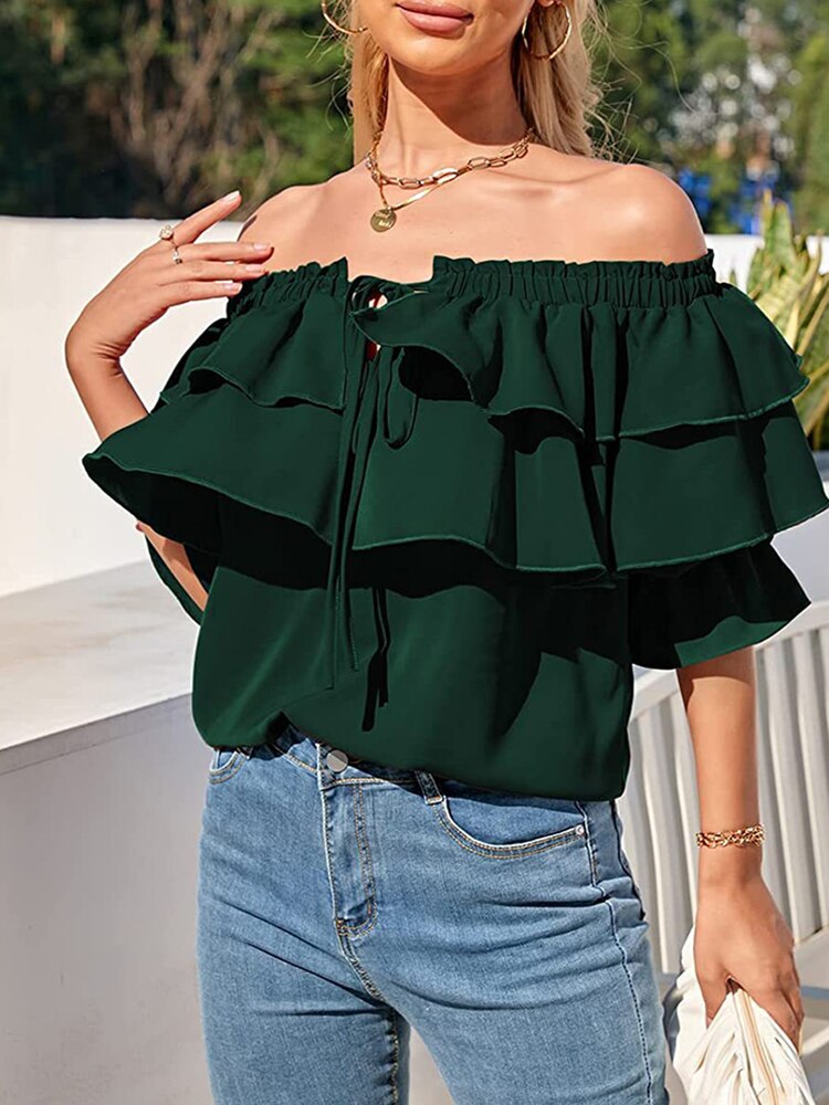 Women's Off-Shoulder Ruffle Pattern Vintage Loose Blouse