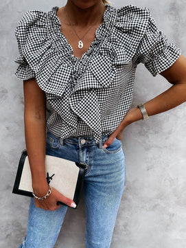 Women's V-Neck Short Sleeves Ruffle Pattern Plaid Vintage Blouses