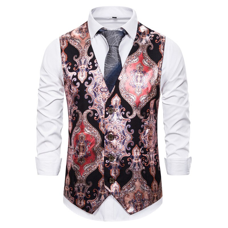 Men's V-Neck Sleeveless Floral Single Breasted Formal Vests