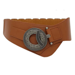 Women's PU Leather Round Buckle Vintage Solid Pattern Waist Belt