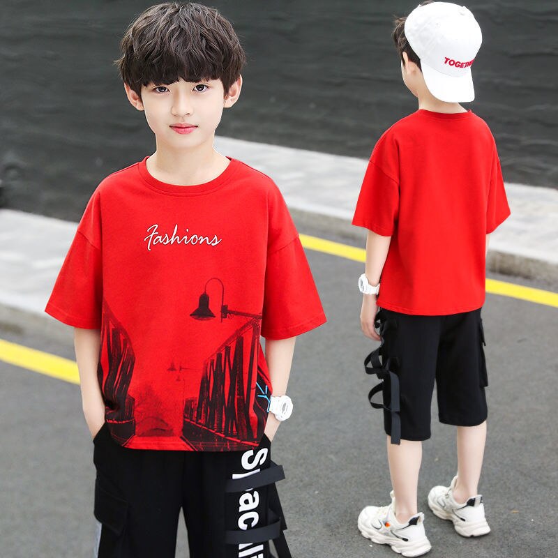 Kid's O-Neck Cotton Short Sleeves Printed Two-Piece Suit