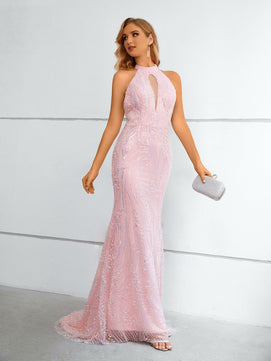 Women's Halter Neck Sleeveless Rhinestone Pattern Mermaid Dress