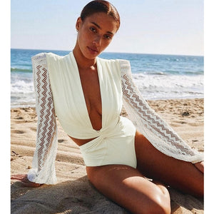 Women's Polyester Deep V-Neck One Piece Mesh Beachwear Swimsuit