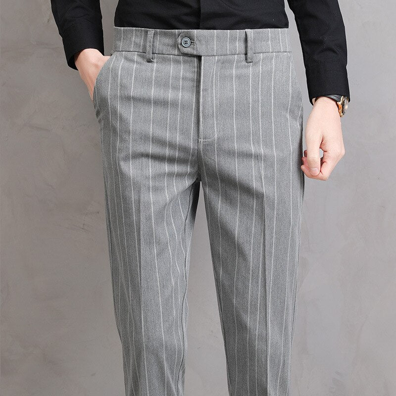 Men's Polyester Zipper Fly Closure Striped Pattern Casual Pants