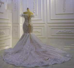 Women's V-Neck Short Sleeves Lace-Up Mermaid Bridal Wedding Dress
