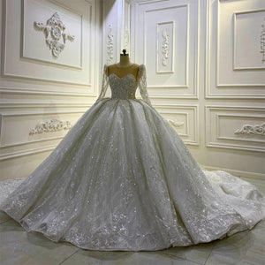 Women's O-Neck Full Sleeves Court Train Bridal Wedding Dress