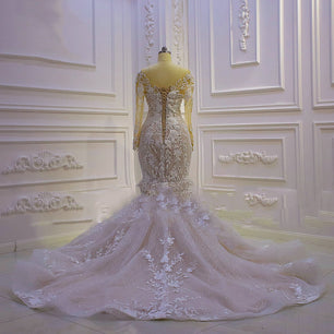 Women's V-Neck Full Sleeves Court Train Mermaid Wedding Dress