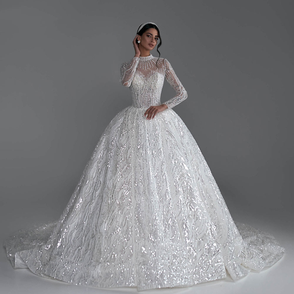 Women's High Neck Full Sleeves Court Train Bridal Wedding Dress