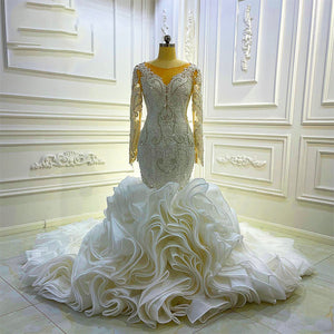 Women's O-Neck Full Sleeves Court Train Bridal Wedding Dress