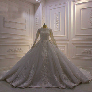 Women's High Neck Full Sleeves Court Train Bridal Wedding Dress