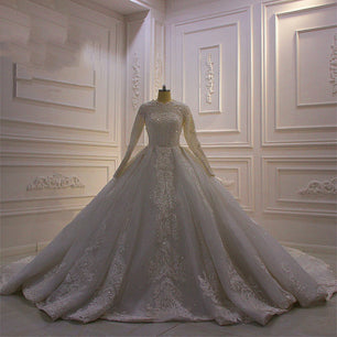 Women's High Neck Full Sleeves Court Train Bridal Wedding Dress