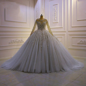 Women's O-Neck Full Sleeves Court Train Luxury Wedding Dress