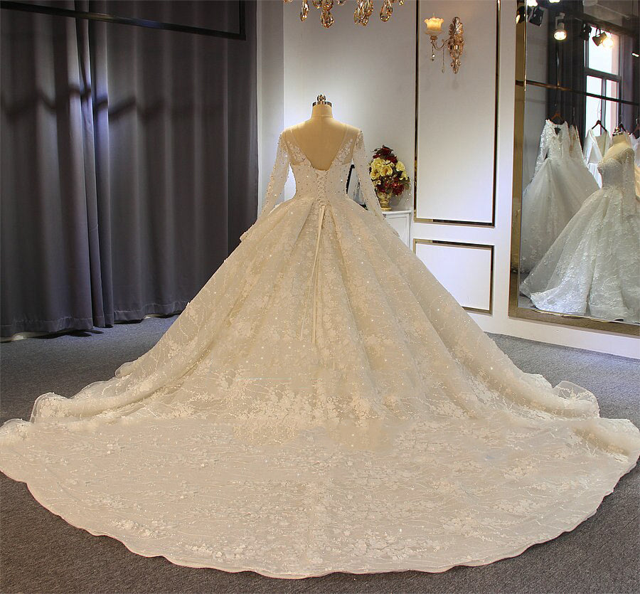 Women's Sweetheart-Neck Full Sleeves Lace Up Bridal Wedding Dress