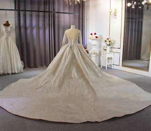 Women's Square Neck Full Sleeves Lace Up Luxury Wedding Dress