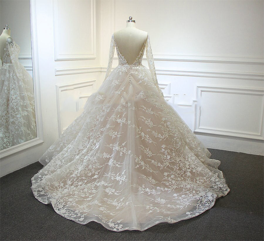Women's Boat-Neck Full Sleeves Lace Up Sweep Train Wedding Dress
