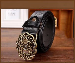 Women's Cowskin Genuine Leather Buckle Floral Pattern Strap Belt