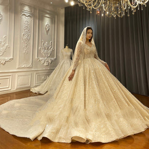 Women's V-Neck Full Sleeves Court Train Wedding Bridal Dresses