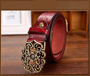 Women's Cowskin Genuine Leather Buckle Floral Pattern Strap Belt