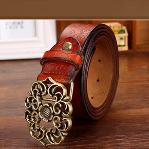 Women's Cowskin Genuine Leather Buckle Floral Pattern Strap Belt