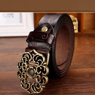 Women's Cowskin Genuine Leather Buckle Floral Pattern Strap Belt