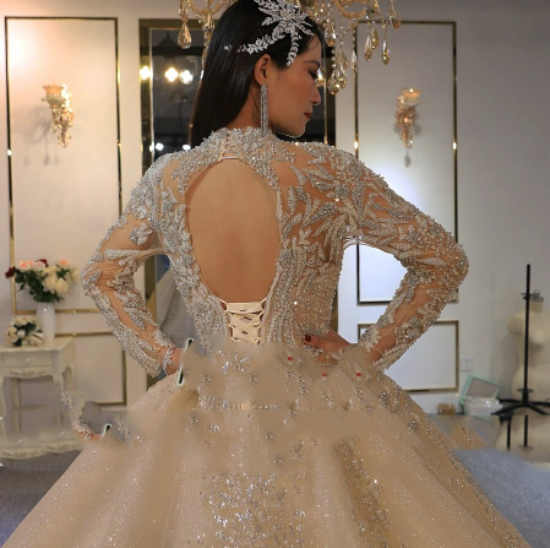 Women's Mock Neck Long Sleeve Beading Royal Train Wedding Dress