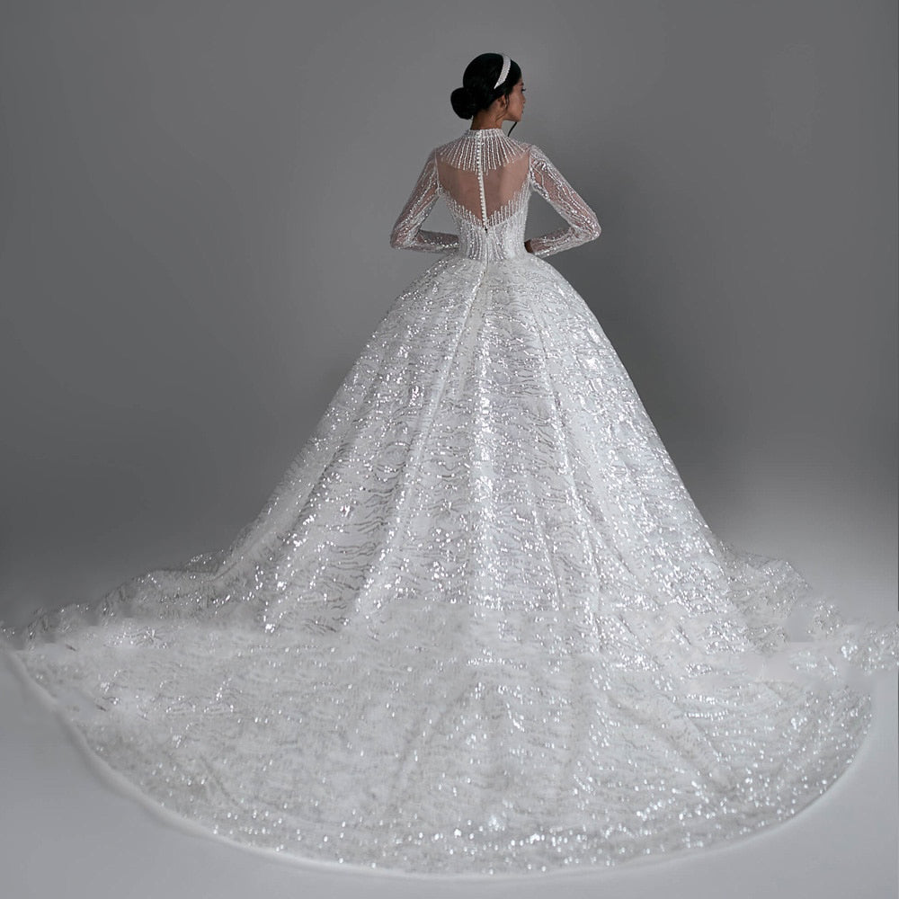 Women's High Neck Full Sleeves Court Train Bridal Wedding Dress