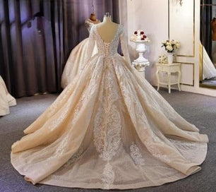 Women's V-Neck Long Sleeves Lace Train Ball Gown Wedding Dress