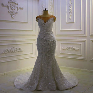 Women's O-Neck Court Train Lace Up Mermaid Bridal Wedding Dress