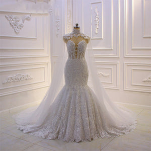 Women's High Neck Court Train Beading Mermaid Wedding Dress