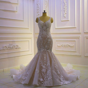Women's V-Neck Court Train Lace Up Mermaid Bridal Wedding Dress