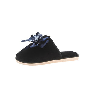 Women's Round Toe Faux Fur Bow-Knot Strap Flat Indoor Slippers