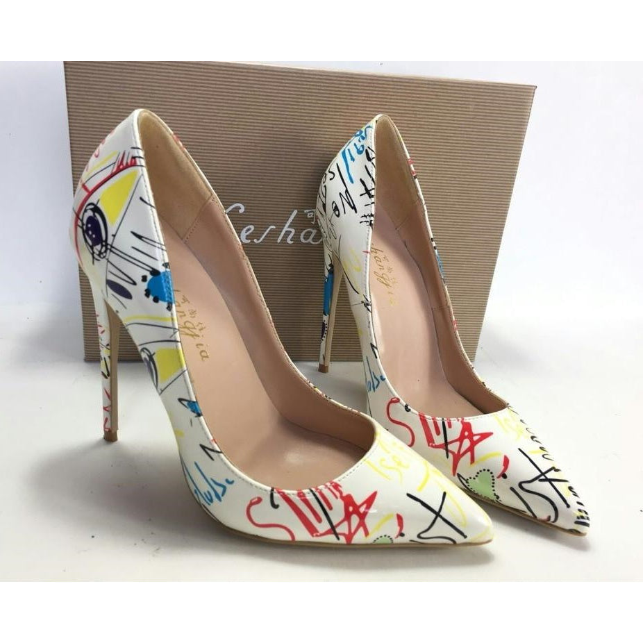 Women's Leather Printed Pointed Toe Thin High Heel Pumps Shoes