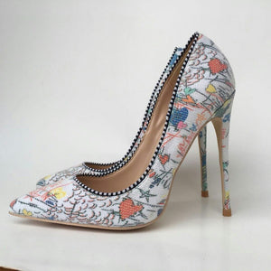 Women's Print Leather Pointed Toe Thin High Heel Pumps Shoe