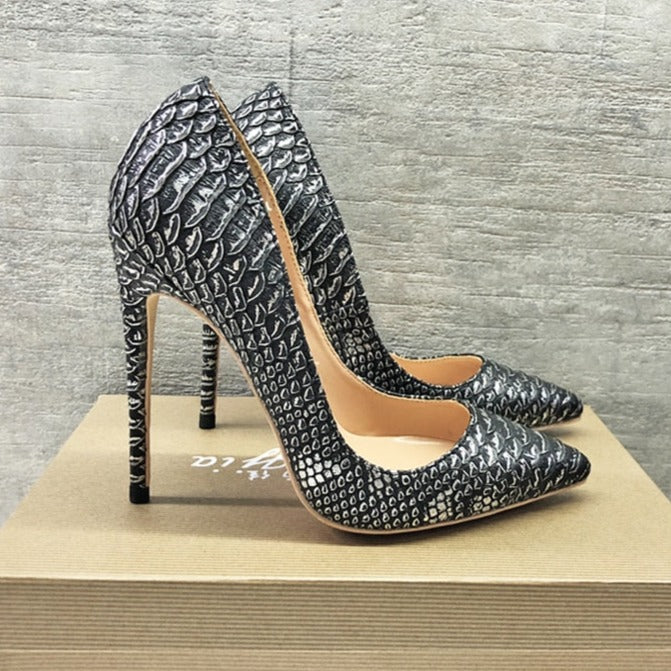 Women's Snake Leather Pointed Toe Thin High Heel Pumps Shoe