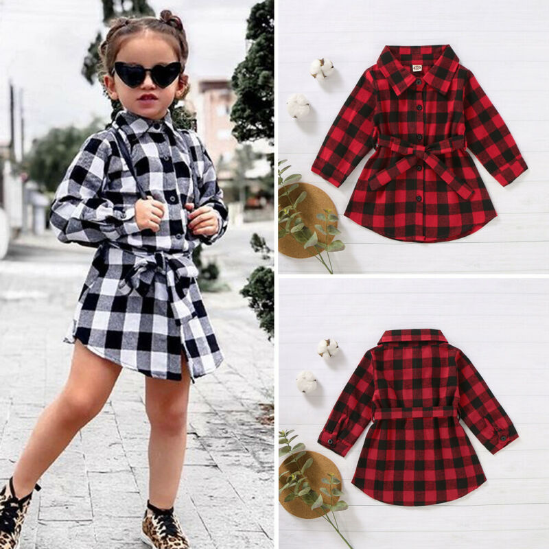 Kid's Turn-down Collar Long Sleeve Plaid Button-Up Belt Dress