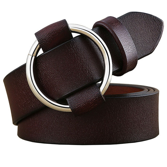 Women's Genuine Leather Strap Round Alloy Pin Buckle Closure Belts