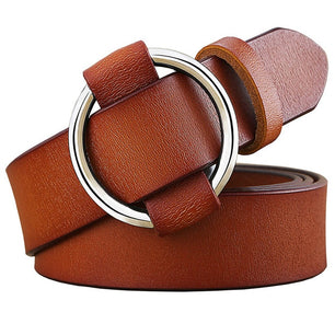 Women's Genuine Leather Strap Round Alloy Pin Buckle Closure Belts