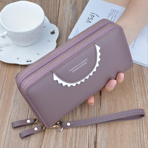 Women's Leather High Capacity Double Zipper With Wristband Purses