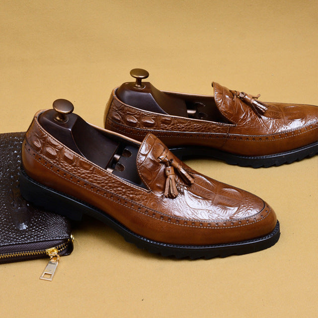 Men's Genuine Leather Round Toe Tassel Slip-On Formal Shoe