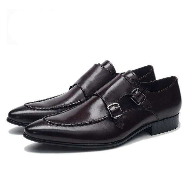 Men's Genuine Leather Pointed Toe Buckle Strap Slip-On Formal Shoe