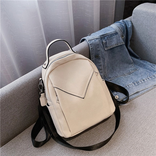 Women's Leather Large Capacity Slit Pocket Zipper Closure Backpack