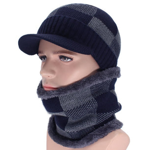 Men's Cloth Linen Patchwork Hat With Neck Fur Winter Wear Scarf