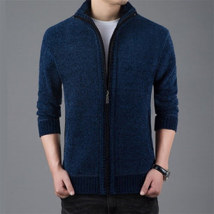 Men's Mandarin Collar Long Sleeve Plain Zipper Knitwear Jacket