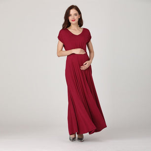 Women's Round Neck Short Sleeve Plain Long Maternity Dress