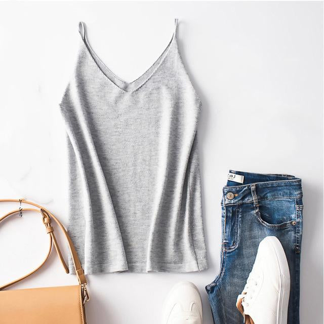 Women's V-Neck Spaghetti Strap Plain Knitted Cami Tops