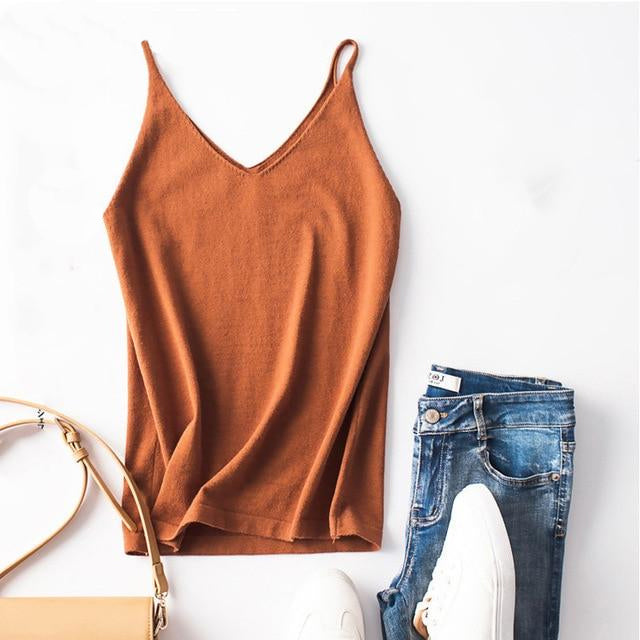 Women's V-Neck Spaghetti Strap Plain Knitted Cami Tops