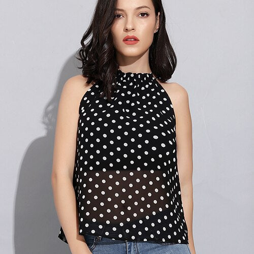 Women's Halter Neck Sleeveless Polka Dot Print Chiffon Blouses